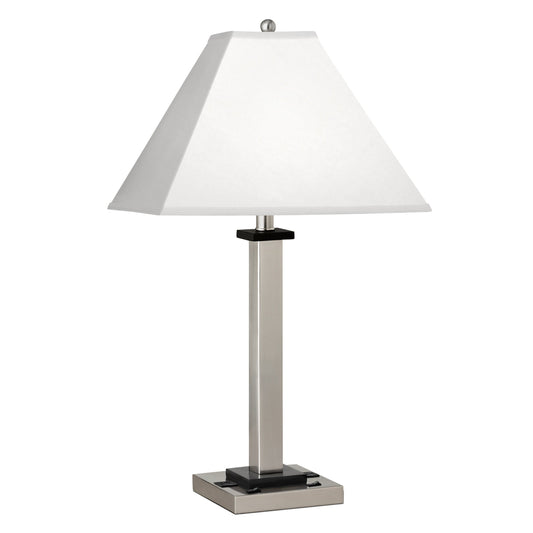 Medallion Lighting Square Post 28" Brushed Steel Twin-light Double Nightstand Steel and Wood Table Lamp With 3-prong Outlets and White Fabric Square Shade