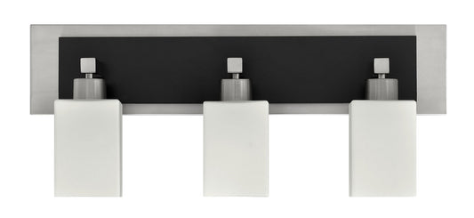 Medallion Lighting Square Post 28" Brushed Steel Wood 3-Light Vanity Fixture With White Glass Square Shades