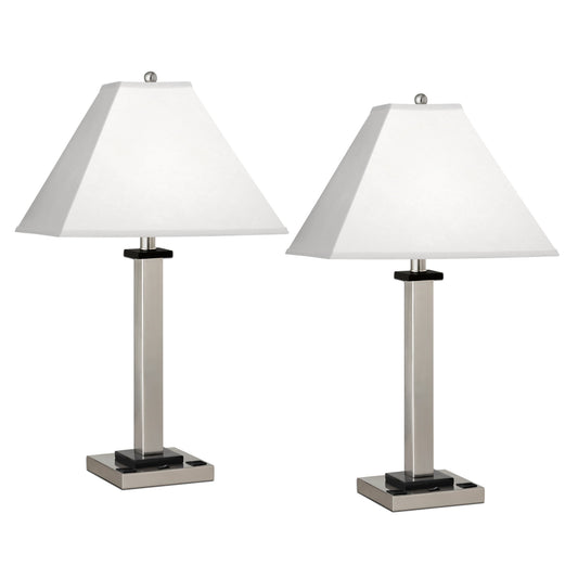 Medallion Lighting Square Post 29" Brushed Steel Single Nightstand Steel and Wood Table Lamp With 3-prong Outlets and White Fabric Square Shade - Set of 2