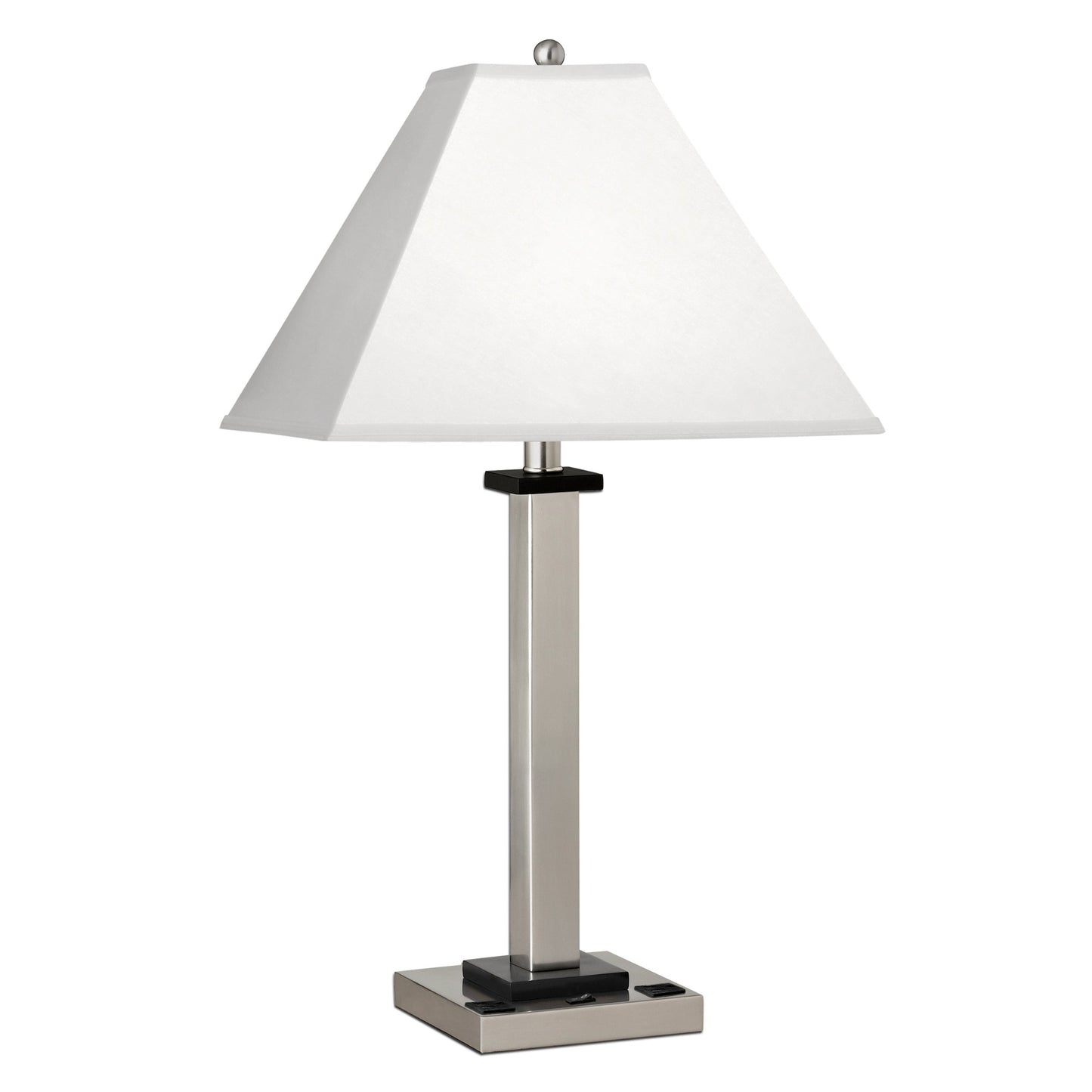 Medallion Lighting Square Post 29" Brushed Steel Single Nightstand Steel and Wood Table Lamp With 3-prong Outlets and White Fabric Square Shade