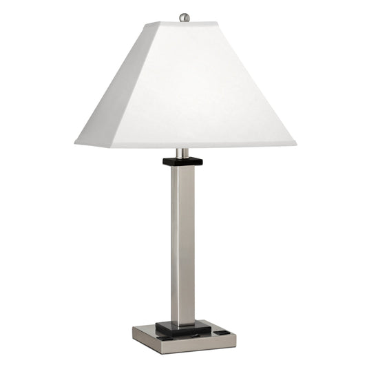 Medallion Lighting Square Post 29" Brushed Steel Single Nightstand Steel and Wood Table Lamp With 3-prong Outlets and White Fabric Square Shade
