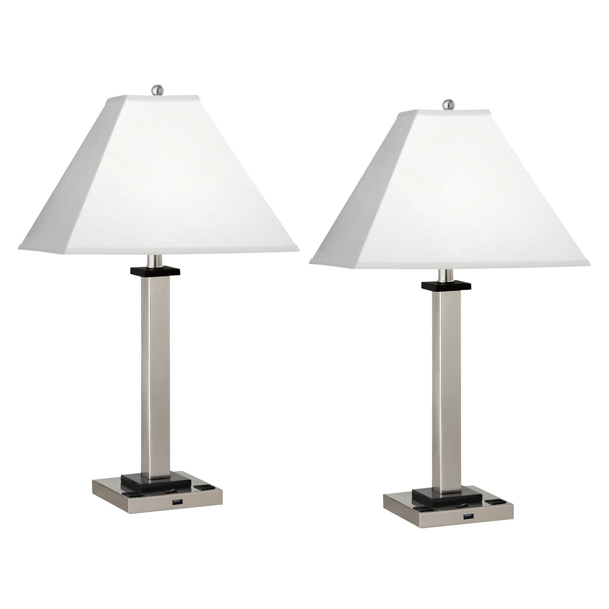 Medallion Lighting Square Post 29" Brushed Steel Wood Single Nightstand Lamp With USB Port, 3-Prong Outlets and White Fabric Drum Shade - Set of 2