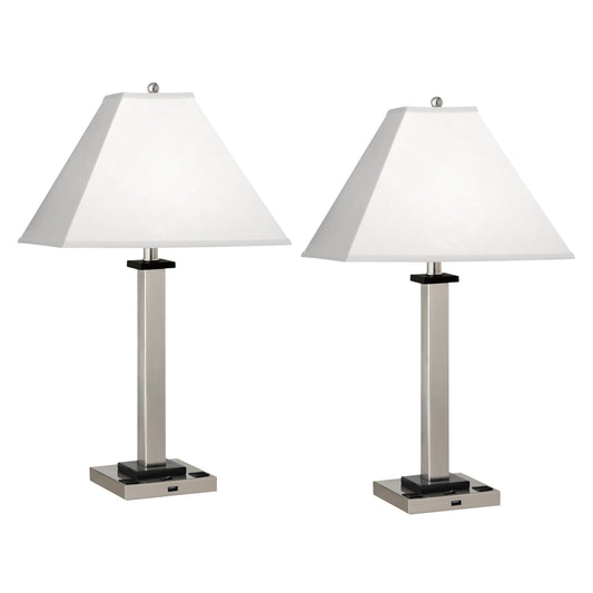 Medallion Lighting Square Post 29" Brushed Steel Wood Single Nightstand Lamp With USB Port, 3-Prong Outlets and White Fabric Drum Shade - Set of 2