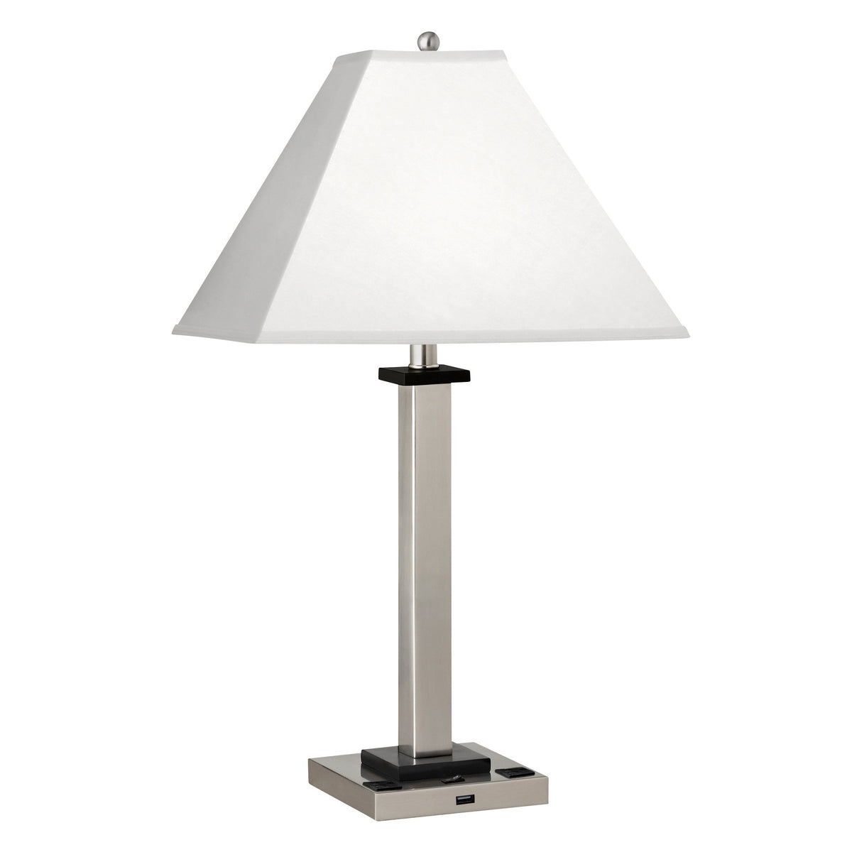 Medallion Lighting Square Post 29" Brushed Steel Wood Single Nightstand Lamp With USB Port, 3-Prong Outlets and White Fabric Drum Shade