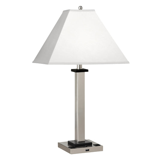 Medallion Lighting Square Post 29" Brushed Steel Wood Single Nightstand Lamp With USB Port, 3-Prong Outlets and White Fabric Drum Shade