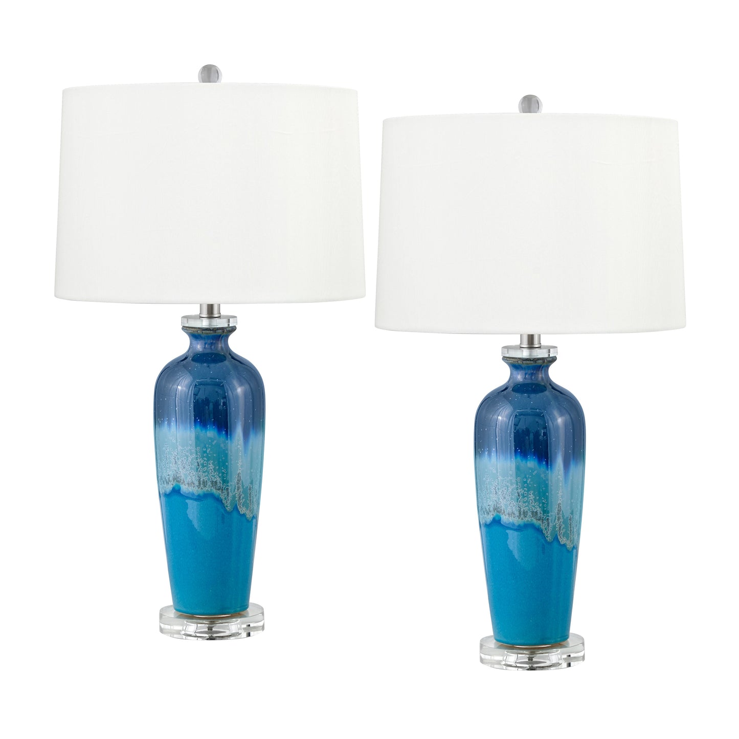 Medallion Lighting Stella 28" Light Blue and Dark Blue Ceramic Acrylic Table Lamp With White Fabric Drum Shade - Set of 2