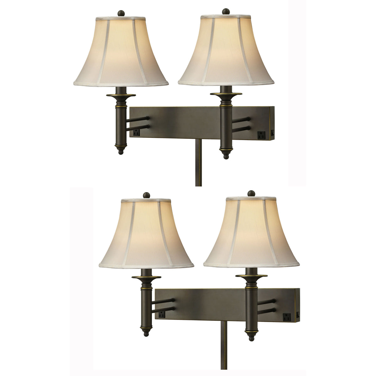 Medallion Lighting Teardrop 20" Madison Bronze Steel 2-Light Double Wall Lamp With 3-Prong Outlets and Eggshell Silk Bell Shade - Set of 2
