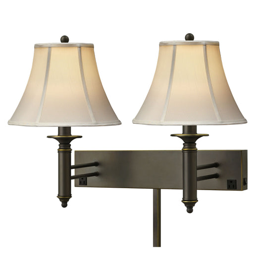Medallion Lighting Teardrop 20" Madison Bronze Steel 2-Light Double Wall Lamp With 3-Prong Outlets and Eggshell Silk Bell Shade