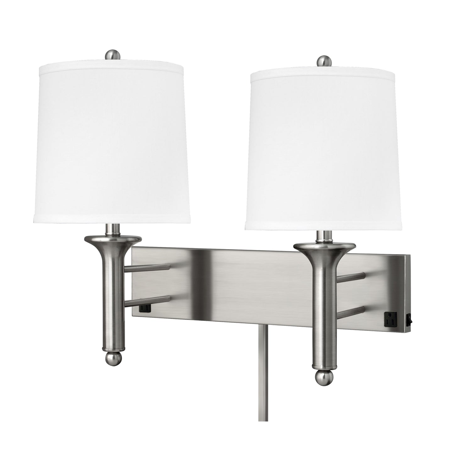 Medallion Lighting Teardrop 21" Brushed Steel 2-Light Double Wall Lamp With 3-Prong Outlets and White Fabric Drum Shade