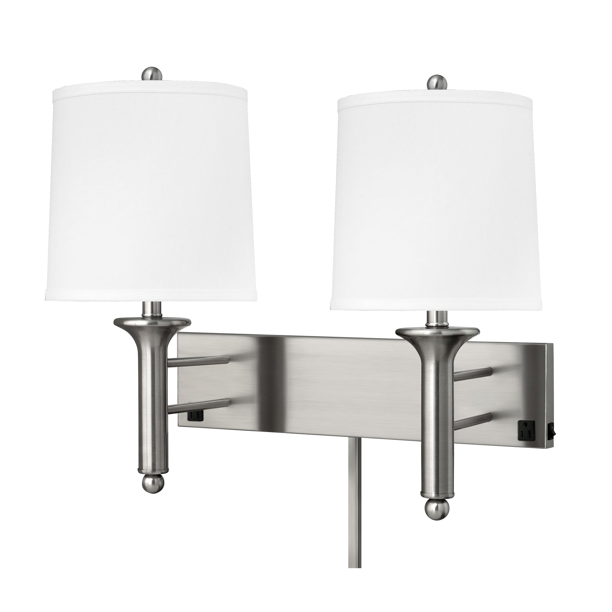 Medallion Lighting Teardrop 21" Brushed Steel 2-Light Double Wall Lamp With 3-Prong Outlets and White Fabric Drum Shade