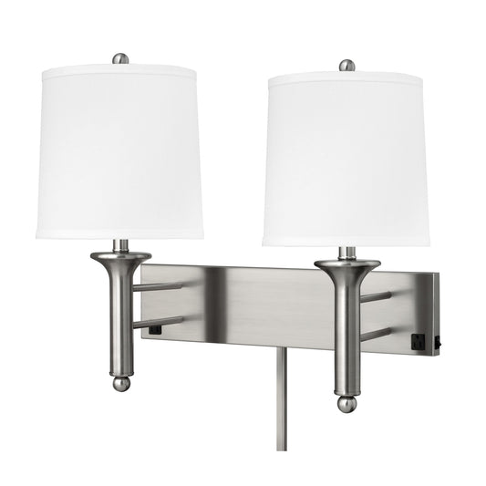 Medallion Lighting Teardrop 21" Brushed Steel 2-Light Double Wall Lamp With 3-Prong Outlets and White Fabric Drum Shade
