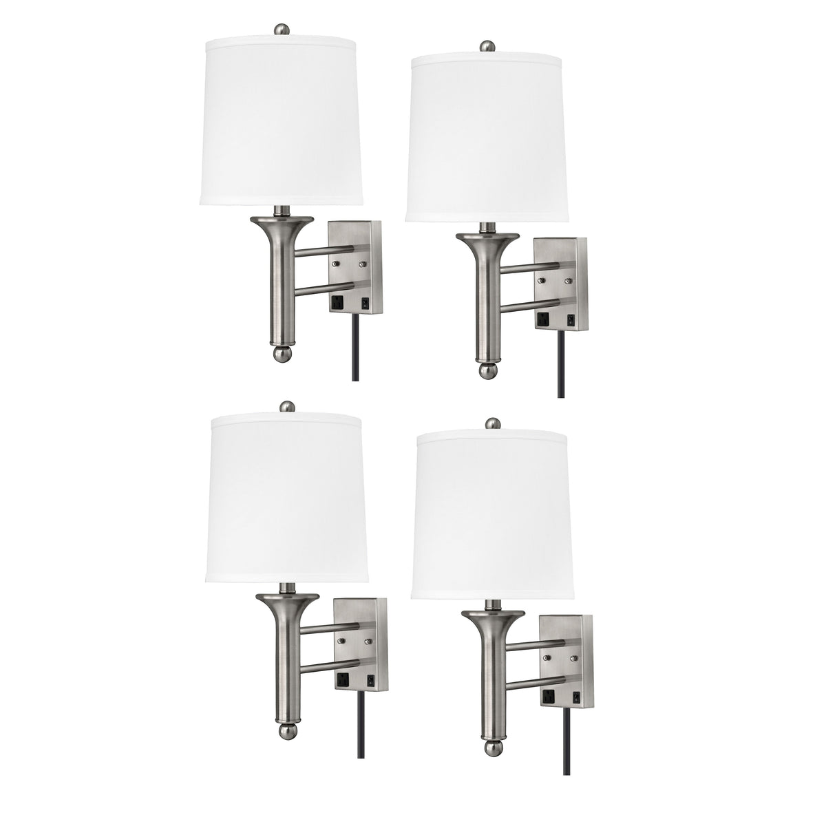 Medallion Lighting Teardrop 21" Brushed Steel Single Wall Lamp With USB Port, 3-Prong Outlets and White Fabric Drum Shade - Set of 4
