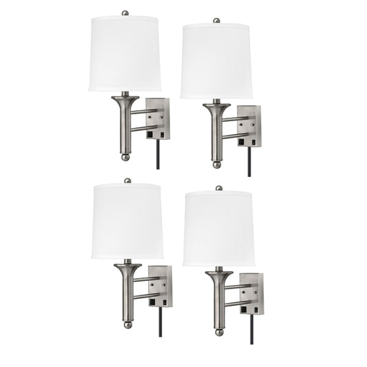 Medallion Lighting Teardrop 21" Brushed Steel Single Wall Lamp With USB Port, 3-Prong Outlets and White Fabric Drum Shade - Set of 4