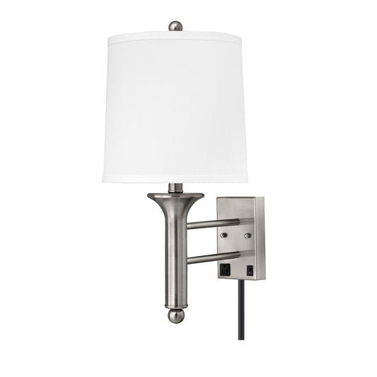 Medallion Lighting Teardrop 21" Brushed Steel Single Wall Lamp With USB Port, 3-Prong Outlets and White Fabric Drum Shade
