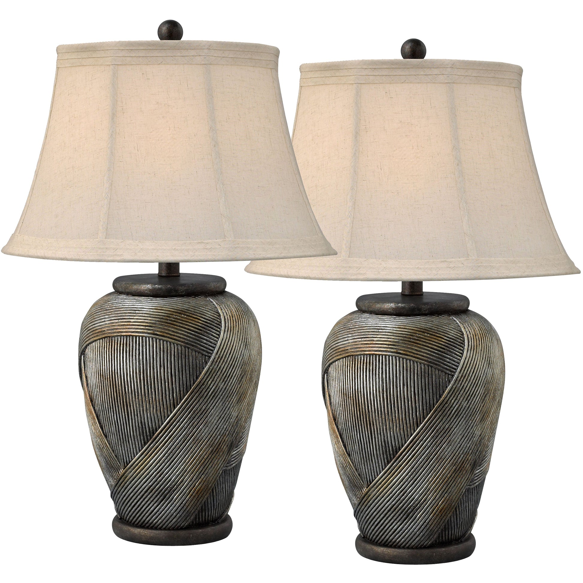 Medallion Lighting Tessere 30" Silver and Copper Medley Resin Table Lamp With Ecru Linen Weave Bell Shade - Set of 2