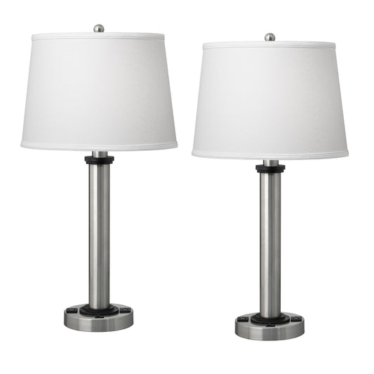 Medallion Lighting Torre Group 28" Brushed Steel/Black Single Nightstand Table Lamp With 3-Prong Outlet and White Fabric Drum Shade - Set of 2