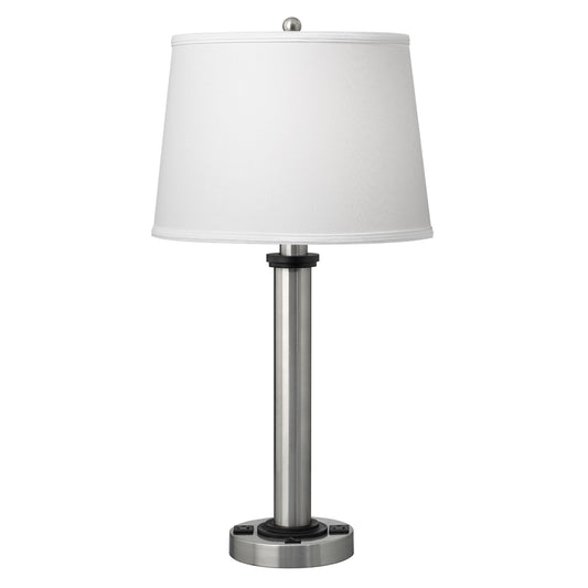 Medallion Lighting Torre Group 28" Brushed Steel/Black Single Nightstand Table Lamp With 3-Prong Outlet and White Fabric Drum Shade