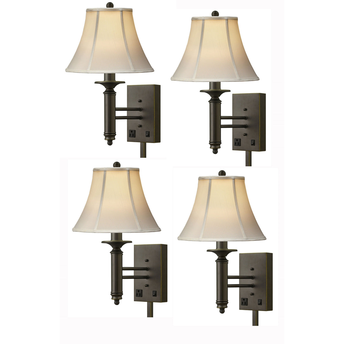 Medallion Lighting Traditional 20" Madison Bronze Steel Single Wall Lamp With 3-Prong Outlet and Eggshell Stretched Silk Bell Shade - Set of 4