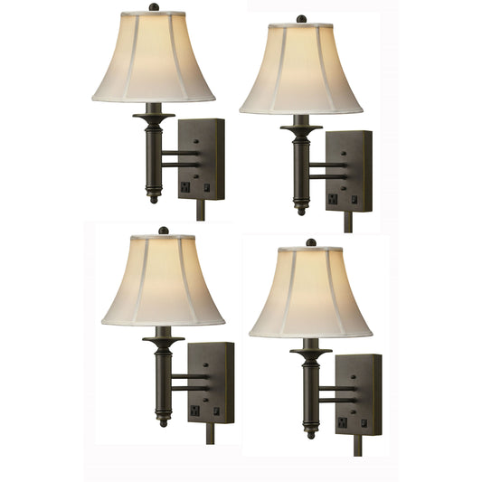 Medallion Lighting Traditional 20" Madison Bronze Steel Single Wall Lamp With 3-Prong Outlet and Eggshell Stretched Silk Bell Shade - Set of 4