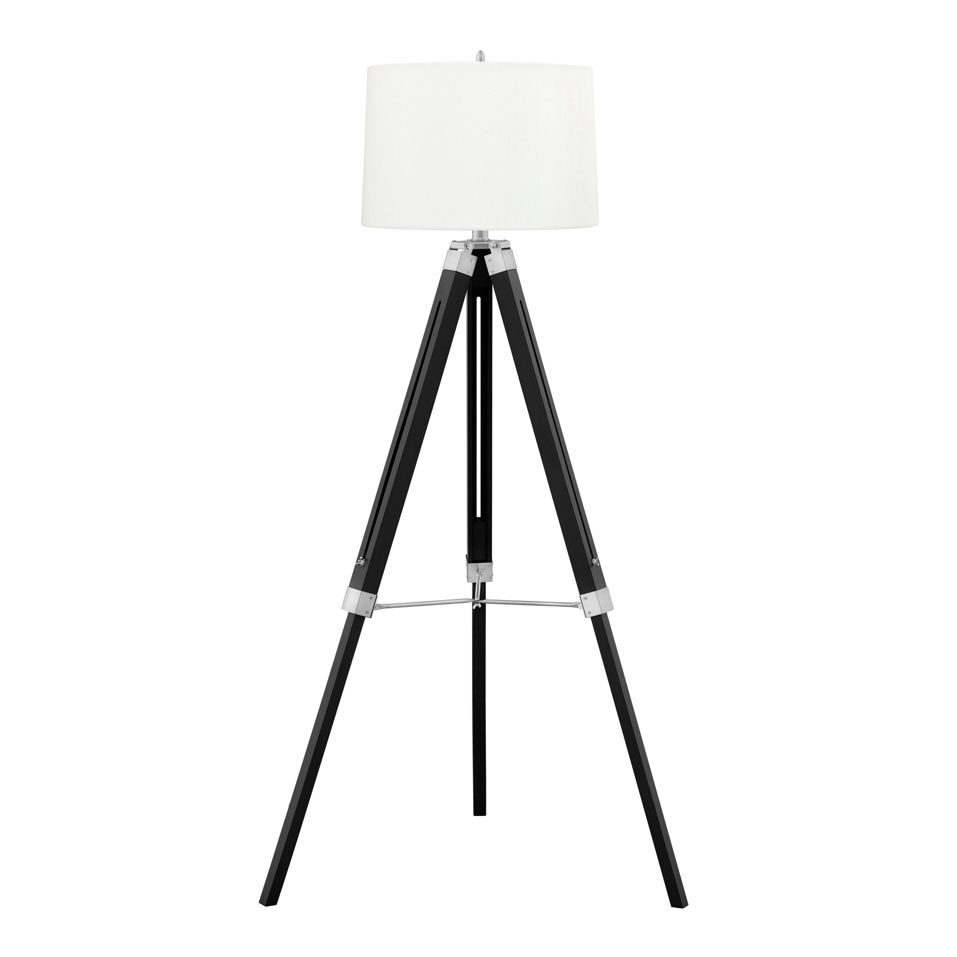 Medallion Lighting Treppi 58" Ebony Wood/Brushed Steel Tripod Floor Lamp With White Fabric Drum Shade