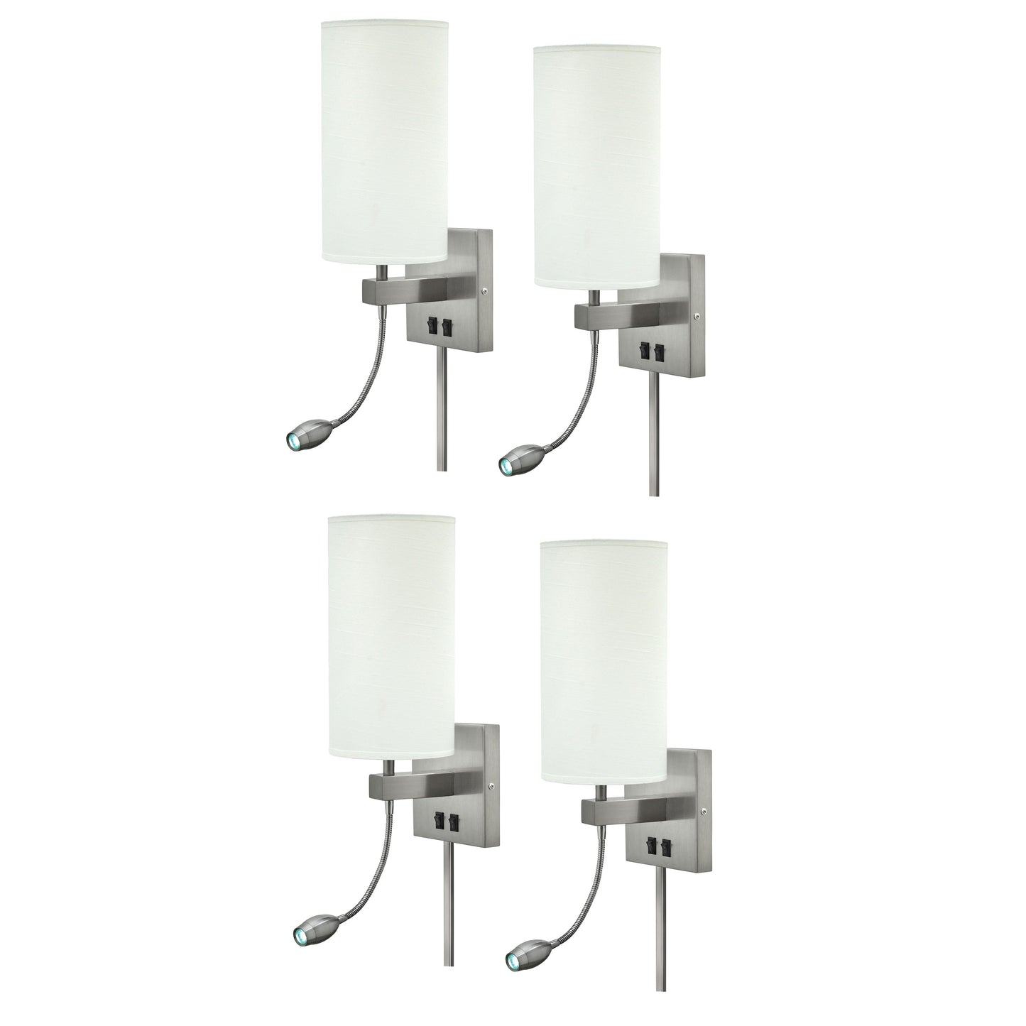 Medallion Lighting Truly Yours 16" Brushed Steel 1-Light Plug-in Armed Wall Sconce With Nightlight and White Fabric Drum Shade - Set of 4