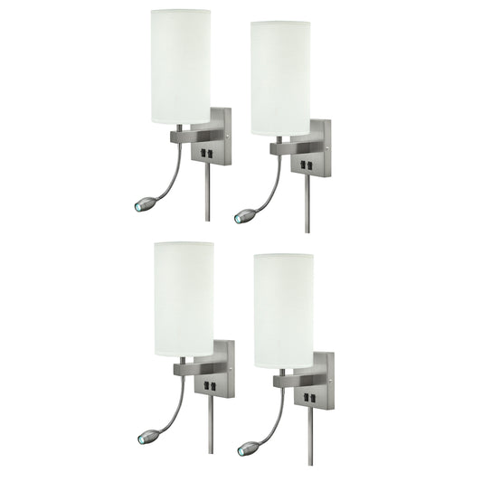 Medallion Lighting Truly Yours 16" Brushed Steel 1-Light Plug-in Armed Wall Sconce With Nightlight and White Fabric Drum Shade - Set of 4