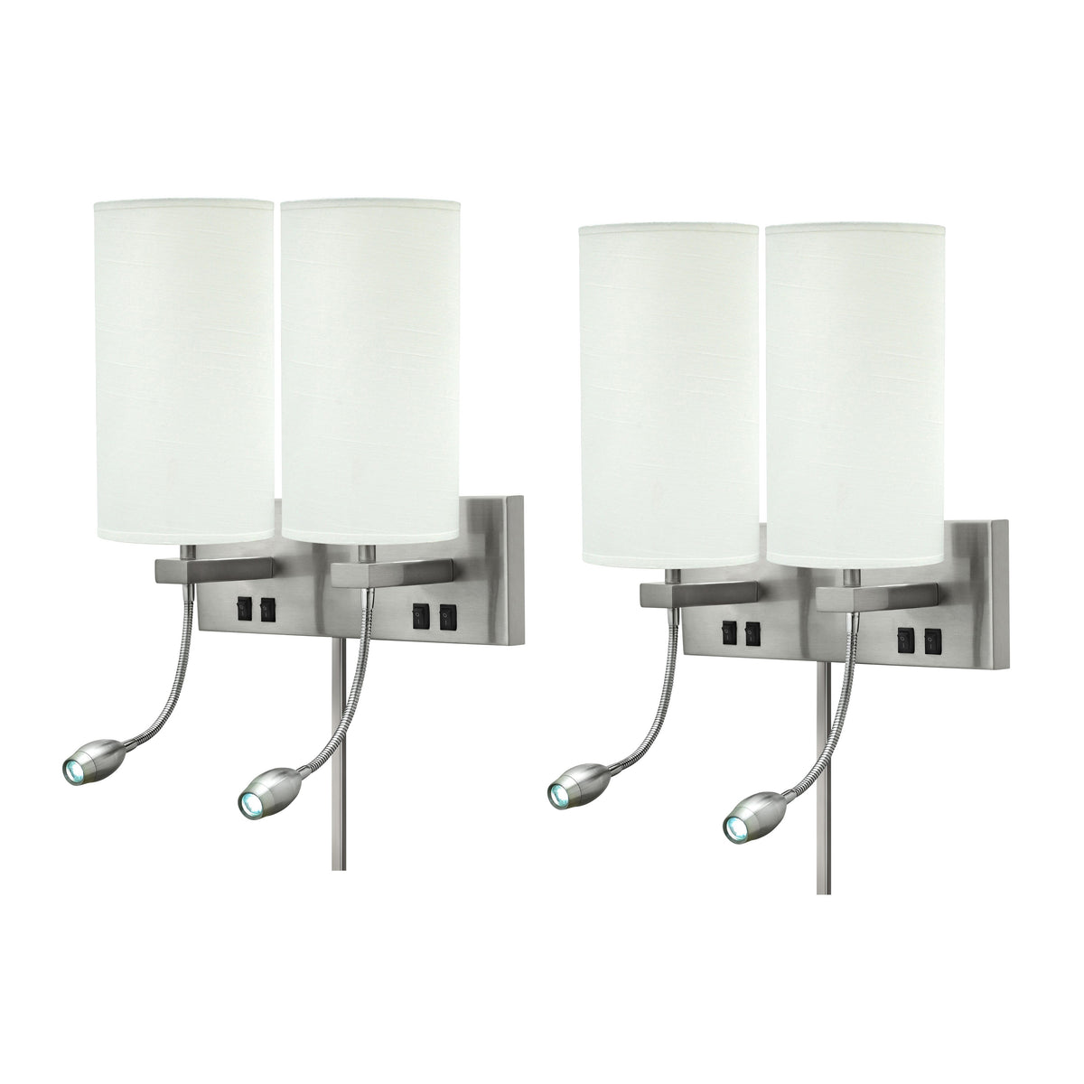 Medallion Lighting Truly Yours 16" Brushed Steel Plug-in Armed Double Wall Sconce With Nightlight and White Fabric Drum Shade - Set of 2