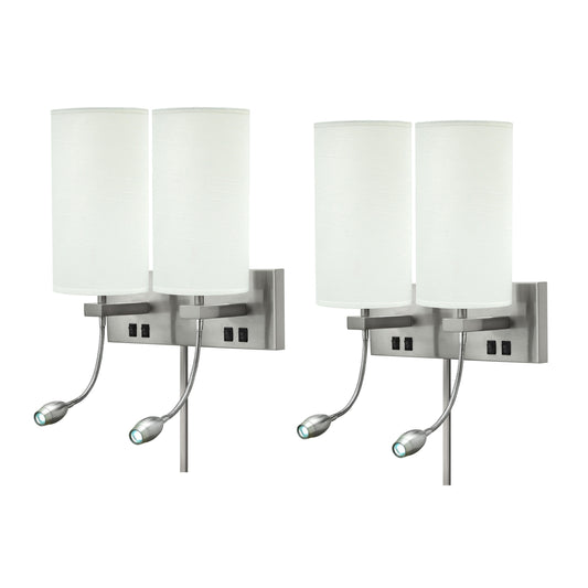 Medallion Lighting Truly Yours 16" Brushed Steel Plug-in Armed Double Wall Sconce With Nightlight and White Fabric Drum Shade - Set of 2
