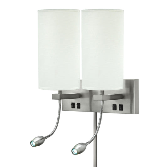 Medallion Lighting Truly Yours 16" Brushed Steel Plug-in Armed Double Wall Sconce With Nightlight and White Fabric Drum Shade
