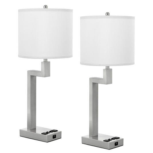 Medallion Lighting Truly Yours 26" Brushed Steel Double Nightstand Lamp With USB Port, 3-prong Outlets and White Fabric Drum Shade - Set of 2