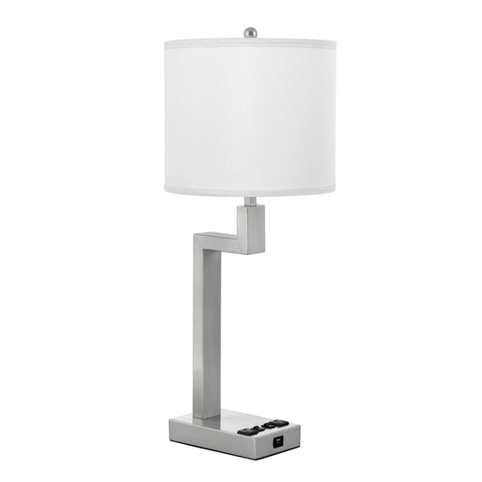 Medallion Lighting Truly Yours 26" Brushed Steel Double Nightstand Table Lamp With USB Port, 3-prong Outlets and White Fabric Drum Shade