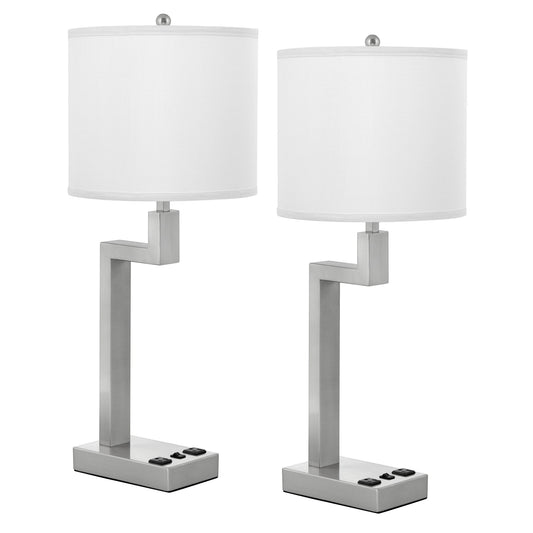 Medallion Lighting Truly Yours 26" Brushed Steel Single Nightstand Lamp With 3-Prong Outlets and White Fabric Drum Shade - Set of 2