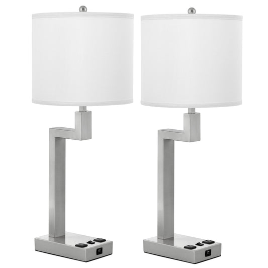 Medallion Lighting Truly Yours 26" Brushed Steel Single Nightstand Table Lamp With USB Port, 3-prong Outlets and White Fabric Drum Shade - Set of 2