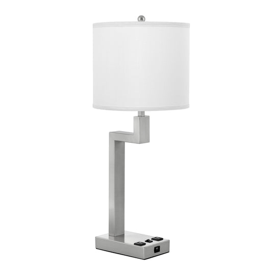 Medallion Lighting Truly Yours 26" Brushed Steel Single Nightstand Table Lamp With USB Port, 3-prong Outlets and White Fabric Drum Shade