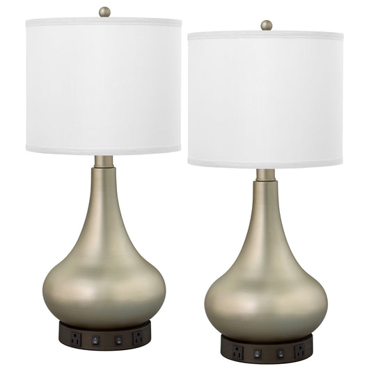 Medallion Lighting Truly Yours 26" Champagne and Metallic Bronze Steel Table Lamp With USB Port, 3-prong Outlets and White Fabric Drum Shade - Set of 2