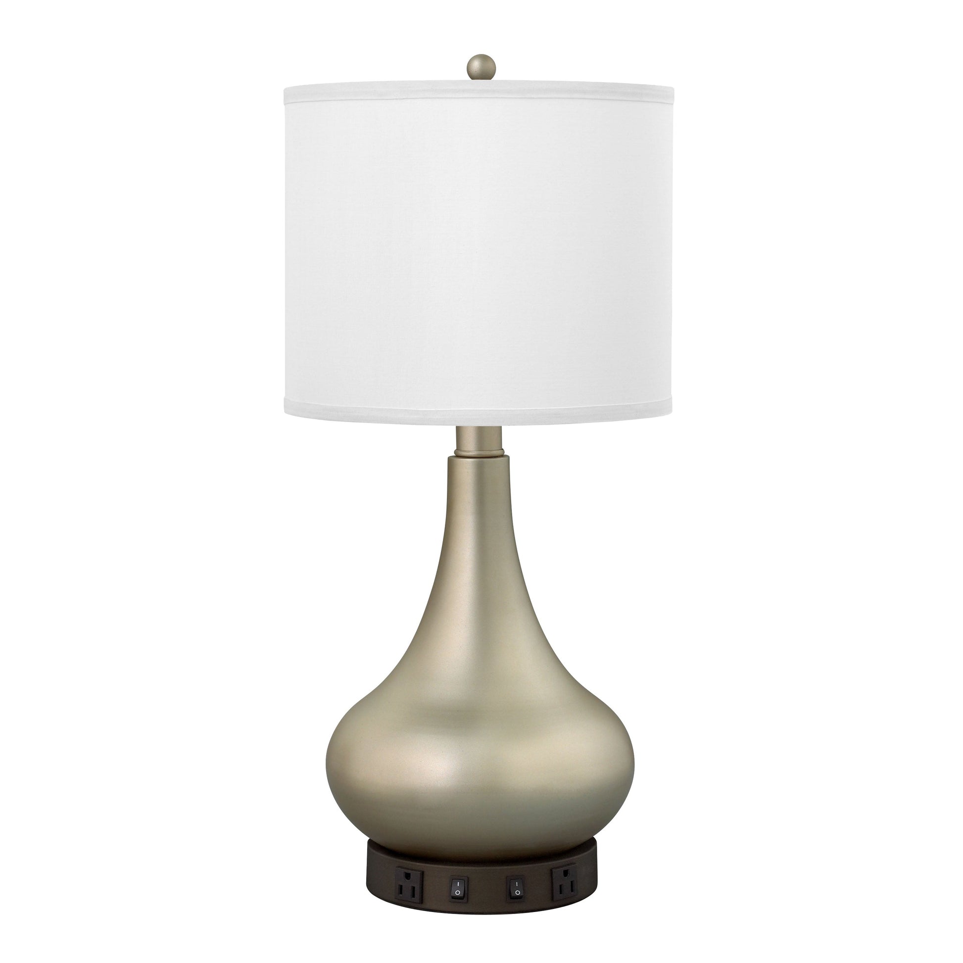 Medallion Lighting Truly Yours 26" Champagne and Metallic Bronze Steel Table Lamp With USB Port, 3-prong Outlets and White Fabric Drum Shade