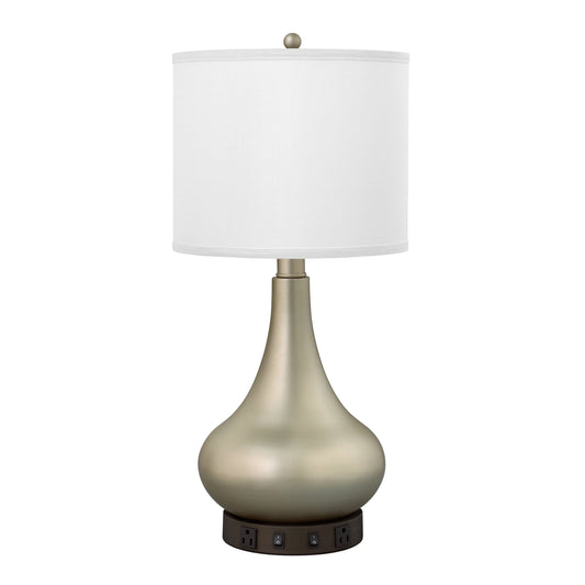 Medallion Lighting Truly Yours 26" Champagne and Metallic Bronze Steel Table Lamp With USB Port, 3-prong Outlets and White Fabric Drum Shade