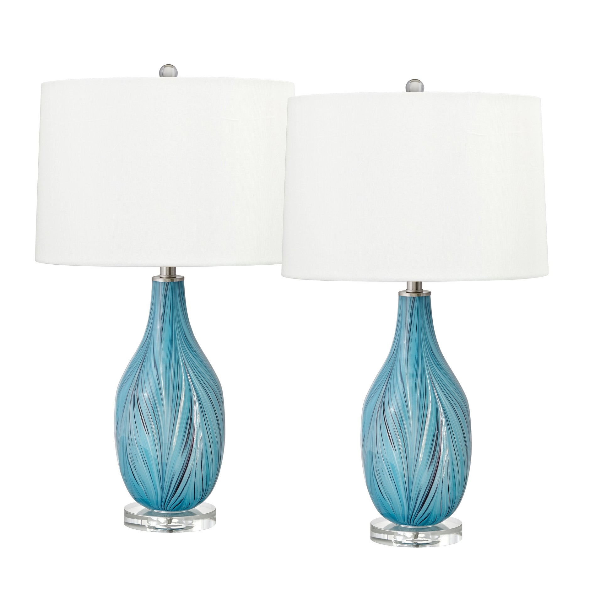 Medallion Lighting Turchese 29" Blue and Black Swirl Glass Acrylic Table Lamp With White Fabric Drum Shade - Set of 2