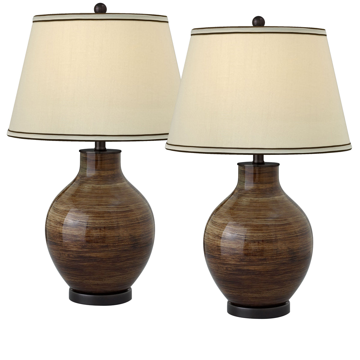 Medallion Lighting Venezia 28" Coffee Brushstrokes Glass/Steel Table Lamp With Cream/Chocolate Underfold Trim Drum Shade - Set of 2