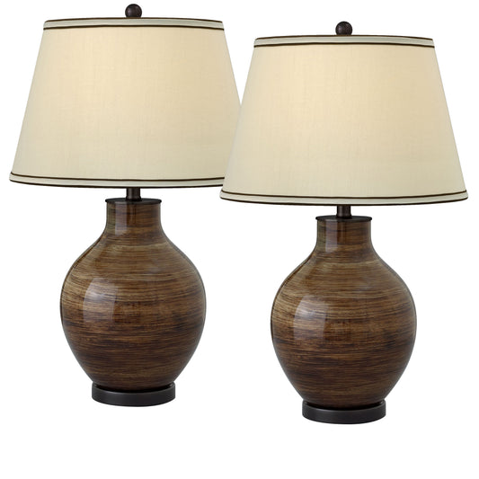 Medallion Lighting Venezia 28" Coffee Brushstrokes Glass/Steel Table Lamp With Cream/Chocolate Underfold Trim Drum Shade - Set of 2