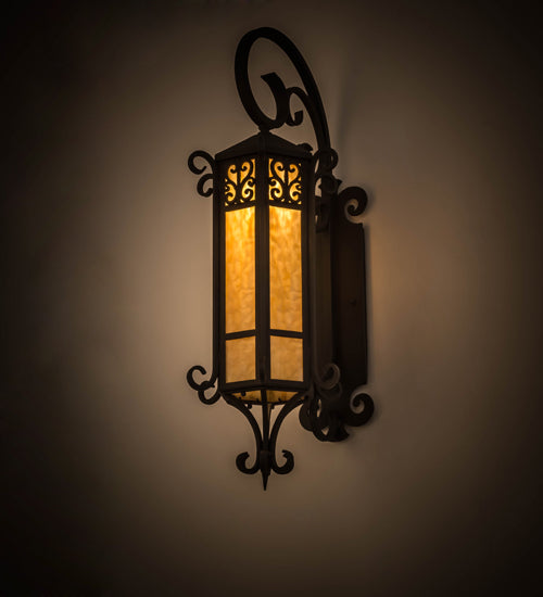 Meyda Lighting 13" Hand Wrought Iron Caprice Lantern Wall Sconce With Beige Art Shade Glass