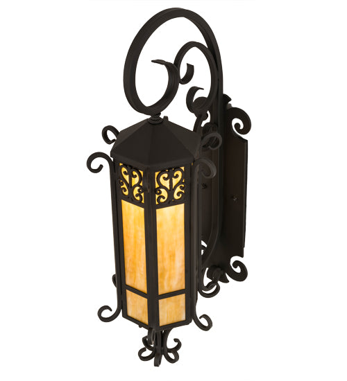 Meyda Lighting 13" Hand Wrought Iron Caprice Lantern Wall Sconce With Beige Art Shade Glass