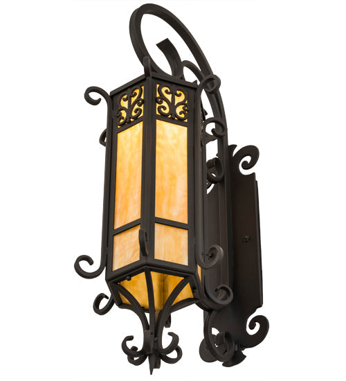 Meyda Lighting 13" Hand Wrought Iron Caprice Lantern Wall Sconce With Beige Art Shade Glass