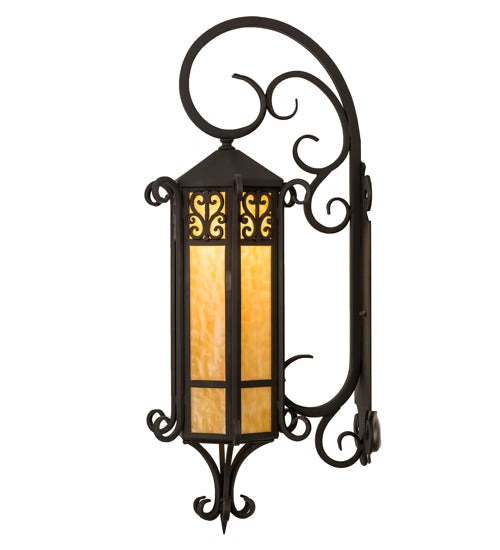 Meyda Lighting 13" Hand Wrought Iron Caprice Lantern Wall Sconce With Beige Art Shade Glass
