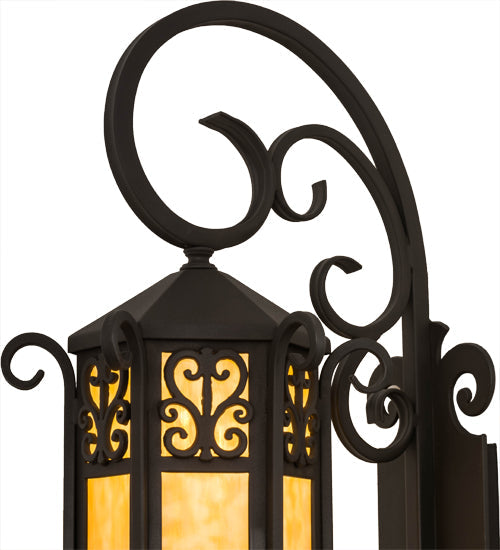 Meyda Lighting 13" Hand Wrought Iron Caprice Lantern Wall Sconce With Beige Art Shade Glass