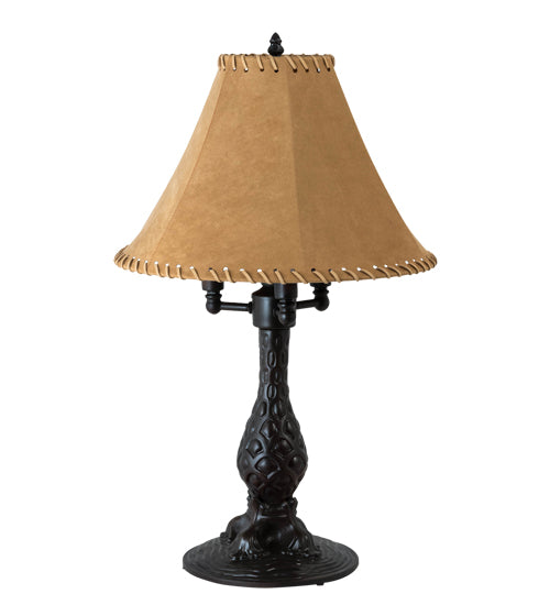 Meyda Lighting 14" 3-Light Mahogany Bronze Chamers Table Lamp With Brown Tan Faux Leather Shade