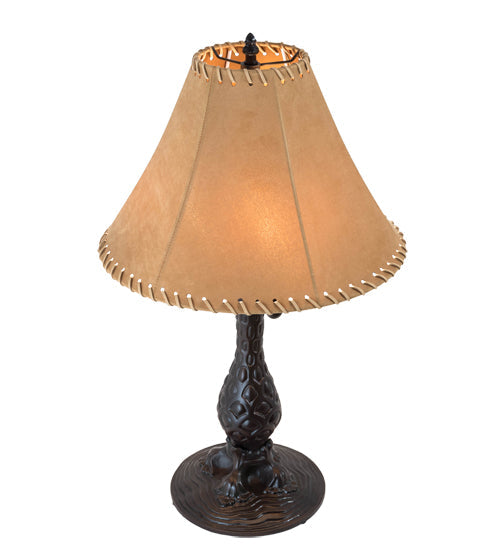 Meyda Lighting 14" 3-Light Mahogany Bronze Chamers Table Lamp With Brown Tan Faux Leather Shade