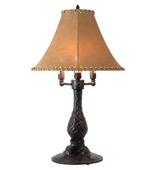 Meyda Lighting 14" 3-Light Mahogany Bronze Chamers Table Lamp With Brown Tan Faux Leather Shade