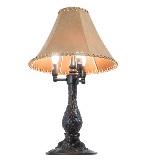 Meyda Lighting 14" 3-Light Mahogany Bronze Chamers Table Lamp With Brown Tan Faux Leather Shade
