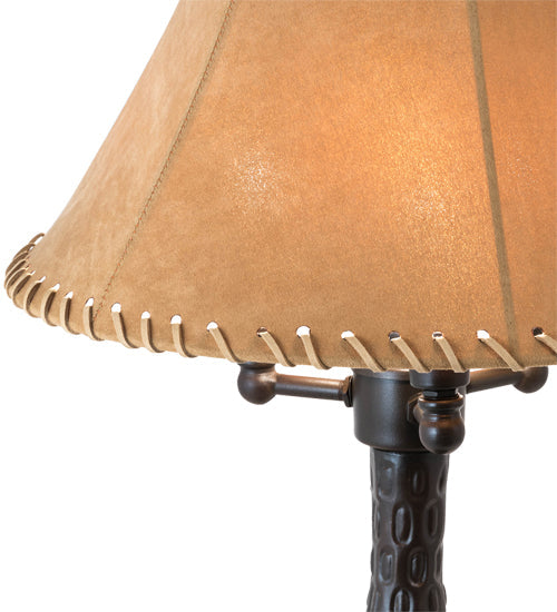 Meyda Lighting 14" 3-Light Mahogany Bronze Chamers Table Lamp With Brown Tan Faux Leather Shade